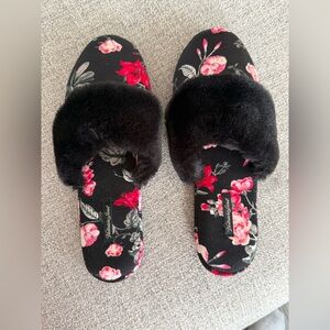 Victoria's Secret Black Floral Satin and Fur Slippers